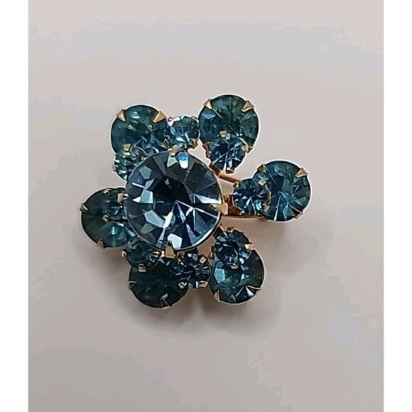 Coro Signed Vintage Atomic Blue Green Crystal Mid Century Floral Burst Brooch - Picture 2 of 5